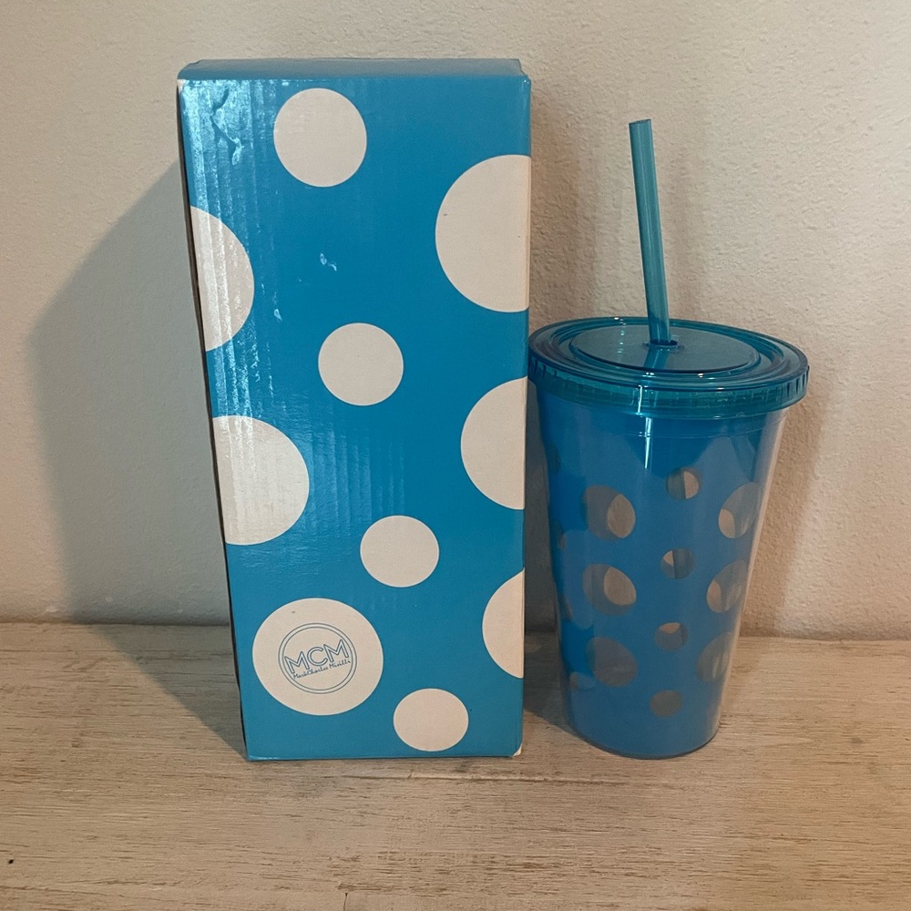 MCM Blue Polka Dot Tumbler with Straw Boxed